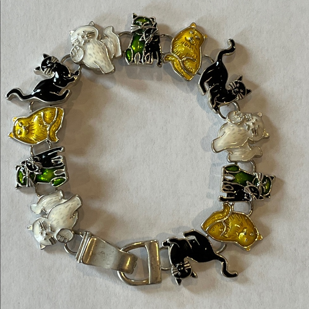 Cat Kittens Enamel Silver Metal Link Multi Color Bracelet Magnetic Clasp
